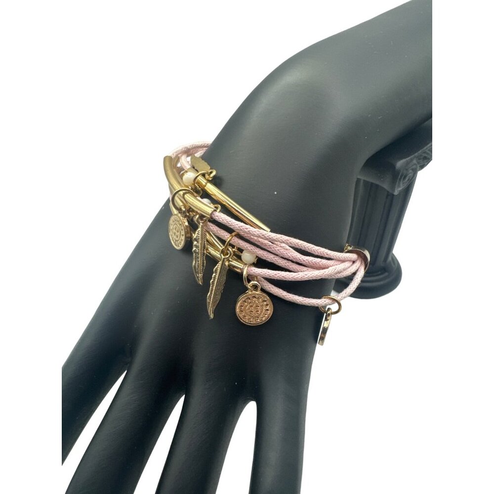 Boho Pink Bracelet With Gold Charms & Feather Pendant